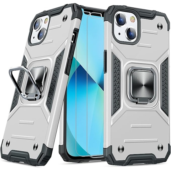 Ultratunn mjuk stötdämpande skydd för iPhone 13, kraftigt skydd och ringformat stödskydd (Silver)