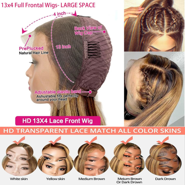 30 tommers Highlight Ombre Lace Front Parykk Menneskehår 180% Tetthet 13x4 Hd Transparent Lace Front Parykker Menneskehår Honningblond 4/27 Highlight Lace Front Frontal Ombre Highlight Wig 30 Inch