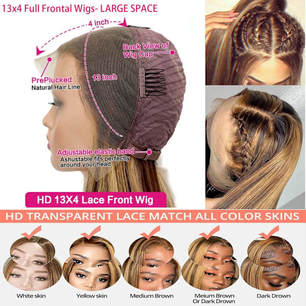 32 tommers Highlight Ombre Lace Front Parykk Menneskehår 180% Tetthet 13x4 Hd Transparent Lace Front Parykker Menneskehår Honningblond 4/27 Highlight Lace Front Frontal Ombre Highlight Wig 32 Inch