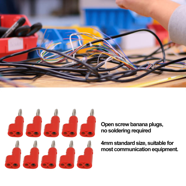 10 stk/sett 4mm loddefri bananplugg stabelbar åpen skrue 30V AC‑60V DC maksimalt 28A for elektronikk industrielt utstyr Red