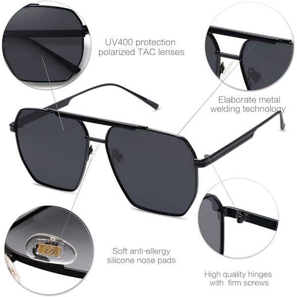 Retro Ylisuuret Neliömäiset Polarisoivat Aurinkolasit Naisille Ja Miehille Vintage Sävyt UV400 Klassiset Suuret Metalliset Aurinkolasit Shiny Black