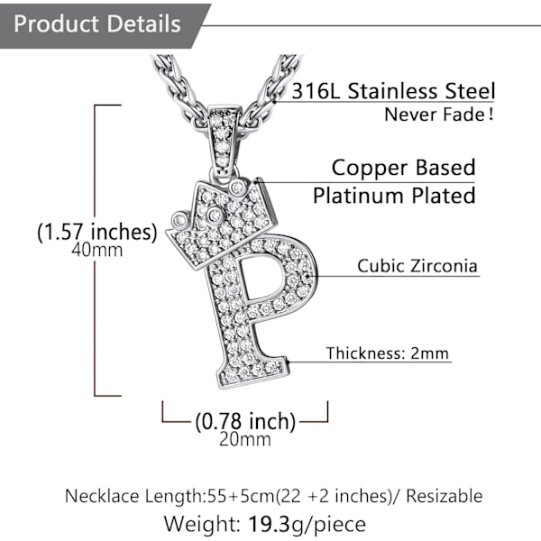 Krone Initial A-Z Halskjede, Iced Out Bokstavanheng med 22-24 Tommers Kjede, Menn Kvinner Bling Hip Hop Alfabet Navn Smykker Gave Store Initialer Halskjeder P Silver