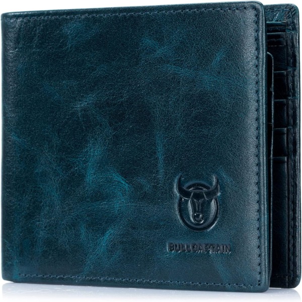 RFID-plånböcker för män Slim Bifold Äkta läder Framficka Plånbok med 2 ID-fönster QB-05 (Påfågelblå) Peacock Blue