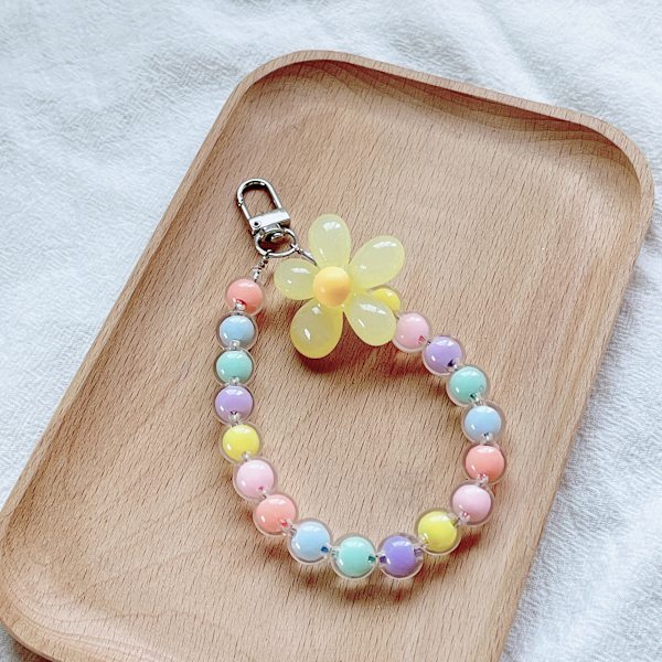 Mobiltelefonrem Armbånd med Perler Blomster Kreativ Hengetau Nøkkelring Mobiltelefon Lanyard Perle Blomst Anti-Tapt Telefondeksel Lanyard Yellow Flower