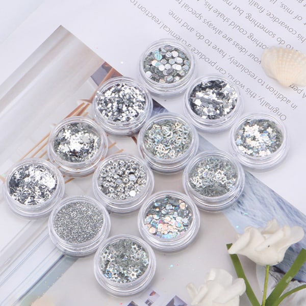 12 rutnät glitter set handgjorda DIY nagelkonst glitter set dekaler 3D nagelkonst dekorationer Silver