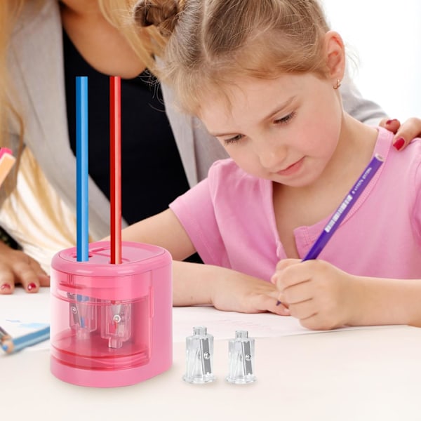 Automatisk elektrisk blyantspisser med dobbel hull design for standard- og fargeblyanter, perfekt for skole, kontor og hjemmebruk, rosa