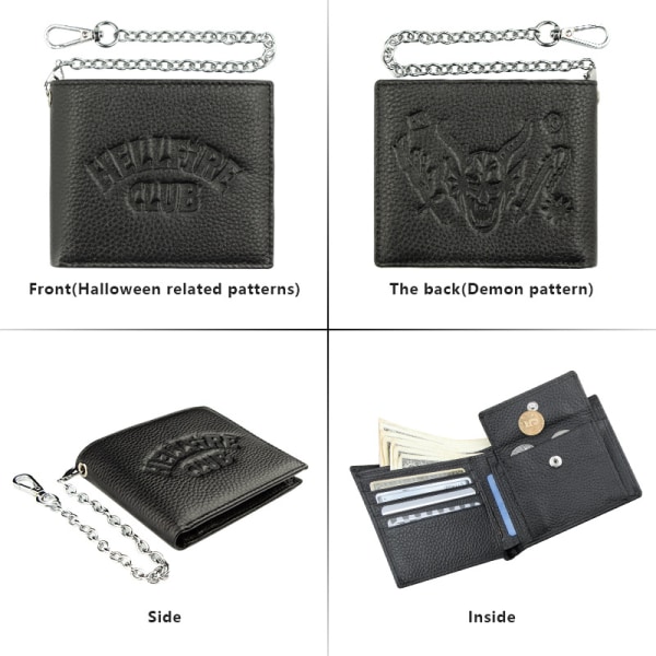 Halloween plånbok, Punk äkta läder kort plånbok med kedja, pengaklämma, horisontell plånbok med myntficka, Halloween present för män