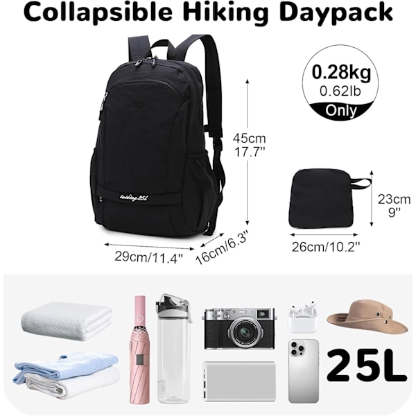 Foldbar, pakkebar vandrerygsæk - Våd - Tør adskillelseslomme, Multi - Formål Gym & Udendørs Daypack til mænd og kvinder Ideel til Adv Black 29*16*45
