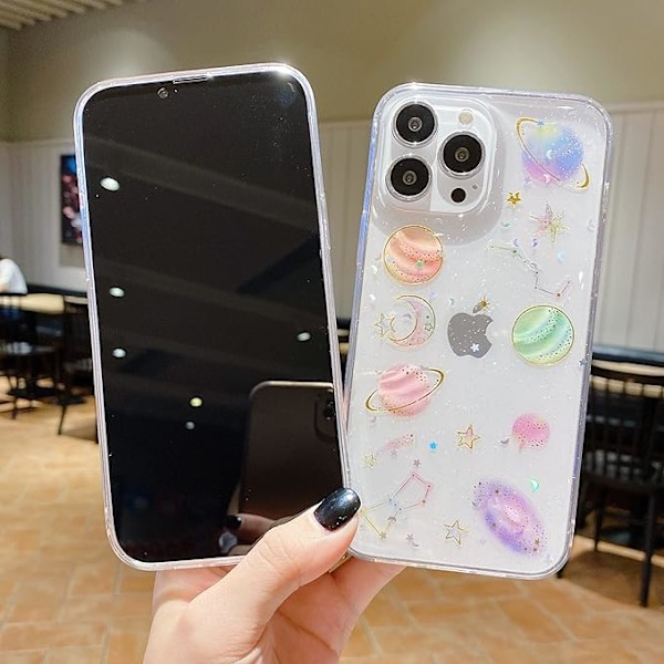 Fodral till iPhone 12 Pro Max Sött, Klart Glitter Planet Stjärna Rymd Design Transparent Fodral Glittrande Slim Mjukt TUP Skyddande Dam