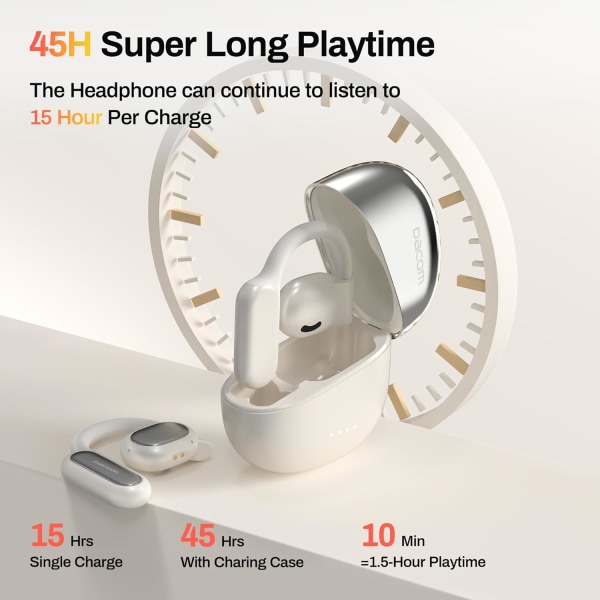 Åpne øre-hodetelefoner Bluetooth 5.3, True Wireless Open Ear Earbuds ENC Clear Talk med 16,2 mm dynamiske drivere 45 timer spilletid Trådløse ørepropper Langvarig White