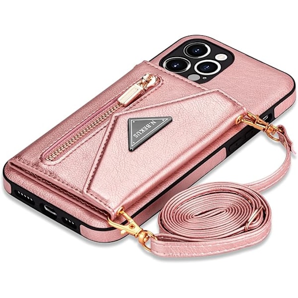 Plånboksfodral Crossbody för iPhone 13 Pro med Snodd Kreditkortshållare, PU Läder Skyddande Handväska Dragkedja Ställ