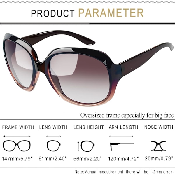Polariserede solbriller til kvinder - Trendy overdimensionerede store solbriller til kørsel - Dame solbriller med UV-beskyttelse - Store solbriller gradient Brown