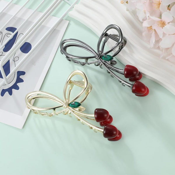 Hårklemme til kvinder og piger, 2 stk. Kirsebær store skridsikre stærke metal sommerfuglehårklemmer med glitrende hold i håret Cherry-Red