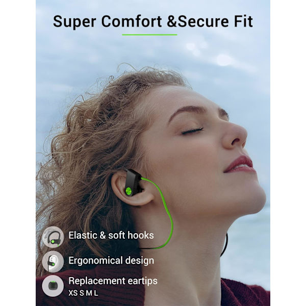 Bluetooth-hovedtelefoner, 5.3 trådløse sports-øretelefoner IPX7 vandtætte med mikrofon, stereo-svedsikre in-ear-hovedtelefoner, støjreducerende headset til fitnesscenterløb A,GreenBlack