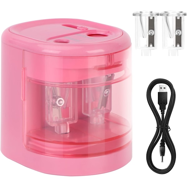 Automatisk elektrisk blyantspisser med dobbel hull design for standard- og fargeblyanter, perfekt for skole, kontor og hjemmebruk, rosa