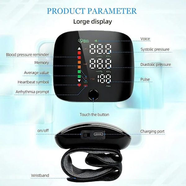 Handledsblodtrycksmätare LED-display, pekskärm handledsblodtrycksmanschett 99x2 avläsningsminne handledsblodtrycksmätare med bärväska (svart)