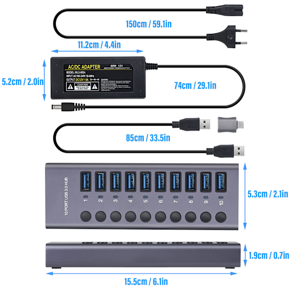 10-porters 60W USB 3.0-hub med individuelle strømbrytere LED-er i aluminiumlegering USB 3.0-dokkingstasjon 60W 12V 5A strømadapter 100-240V EU-plugg
