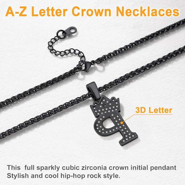 Krone Initial A-Z Halskjede, Iced Out Bokstavanheng med 22-24 Tommers Kjede, Menn Kvinner Bling Hip Hop Alfabet Navn Smykker Gave Store Initialer Halskjeder P Black