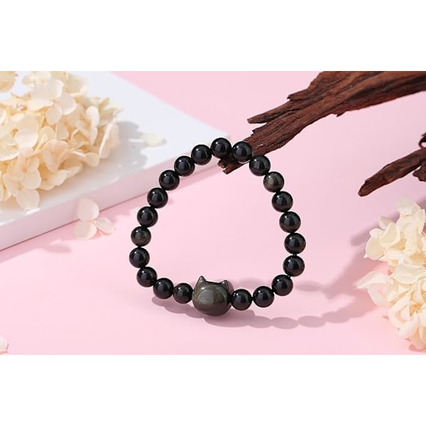 Katt Kristallarmband, Kattgåvor för Kvinnor, Damarmband, 8mm Pärlarmband Elastiskt, Damarmband Smycken, Söt Katt black