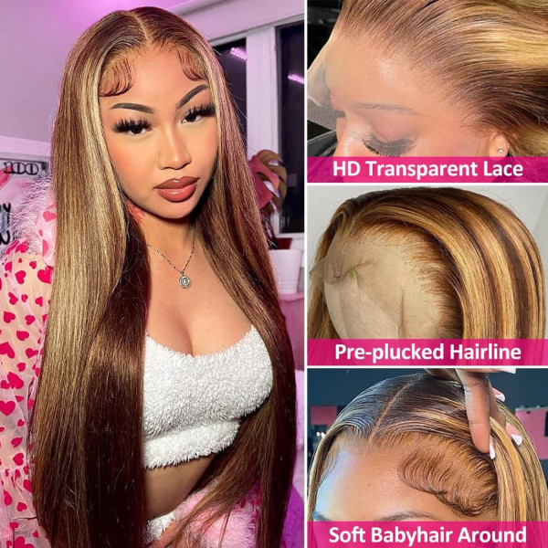 Highlight Ombre Pitsi Etuperuukki Ihmishiukset 26 Tuumaa 180% Tiheys 13x4 Täysi Etuosa HD Läpinäkyvä Pitsi Esi-Nypitty Suora Pitsi Etuperuukki Ihmishiukset Br Frontal Ombre Highlight Wig 26 Inch