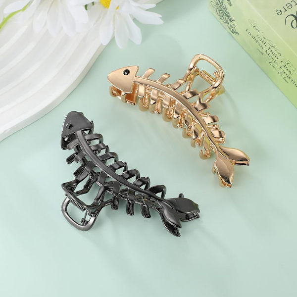 Hårklemmer Klo til kvinder Piger, 2 stk Fishbone Metal Stor Skridsikker Stærk Butterfly Funklende Hold Kæbe Søde Kløer Fishbone