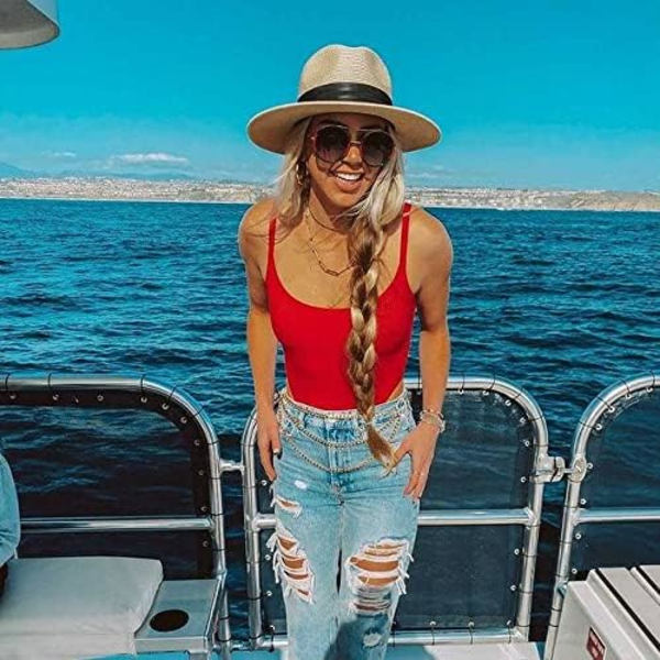 Bred Dame Herre Bredskygget Halm Panama Hat Fedora Sommer Strand Solhat UPF Halm Hat til Kvinder Khaki