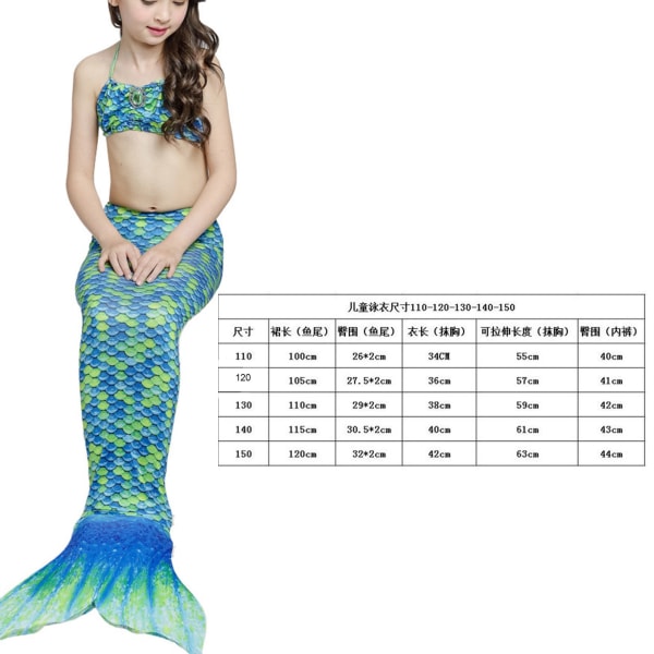 Girl Fish Tail Swimsuit Tie Halter Neck Slim Fit Soft Flexible Children 3 Piece Swimwear Set for Pool Party Beach Green 120cm/47.2in