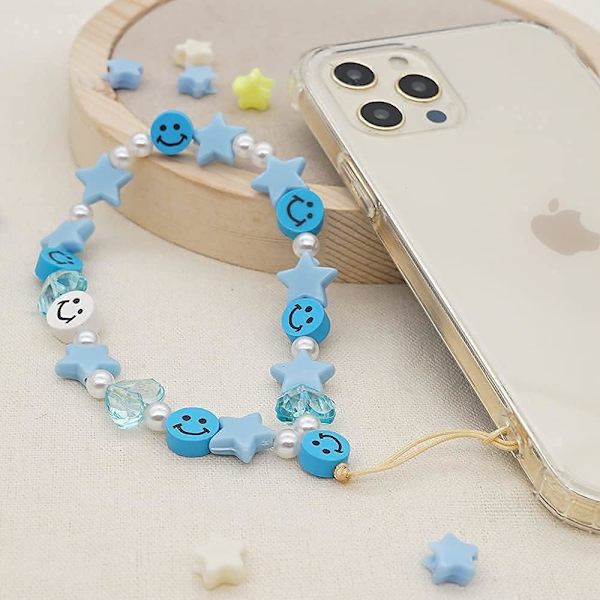 Pärltelefon handledsrem armband smiley ansikte pärlor handgjorda färgglada polymerlera akryl pärlor pärla telefon charm rem för kvinnor Grils Blue