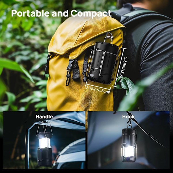 2 kpl kokoontaitettavia LED-retkilyhtyjä - USB - C Ladattava ja paristo - Virtalähteinen 2 - in - 1 taskulampulla ja magneettijalustalla Em:lle Black
