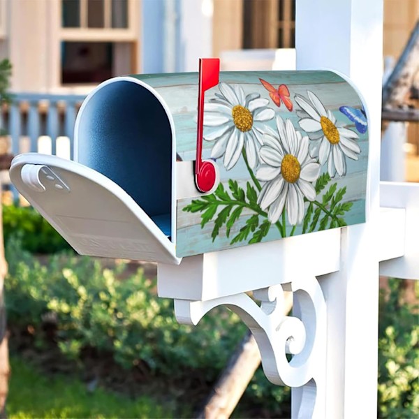 Daisy & Butterfly Magnetiskt Brevlådeöverdrag, Rustik Trädesign, Vår - Sommar Blommig Dekor för Trädgård, 18\"x21\" Standardstorlek Daisy Flowers