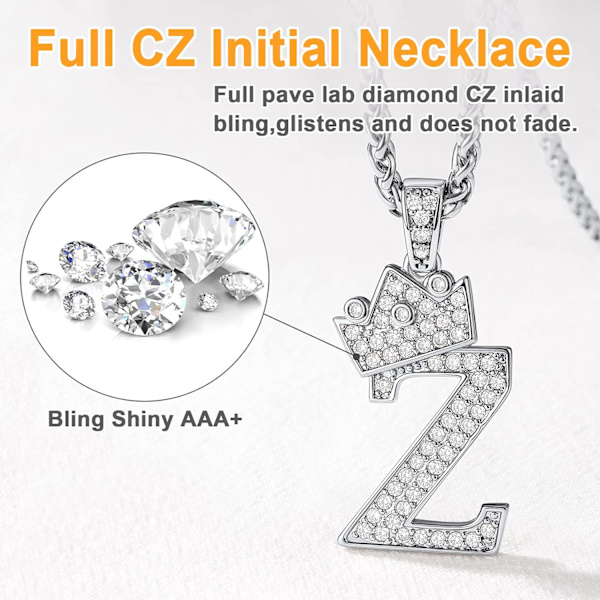 Krone Initial A-Z Halskjede, Iced Out Bokstavanheng med 22-24 Tommers Kjede, Menn Kvinner Bling Hip Hop Alfabet Navn Smykker Gave Store Initialer Halskjeder Z Silver