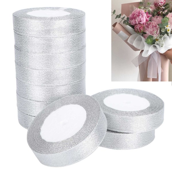 10 ruller Glitter satinbånd Polyester gaveindpakning Bryllupsdekoration Festartikler Sølv