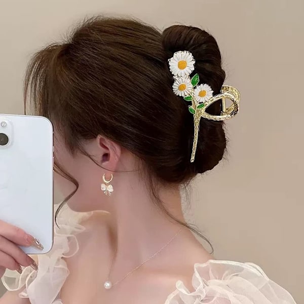 Blommiga hårklämmor klo 2 st för kvinnor Daisy blomma metall stor halkfri stark metall fjäril hårklämmor glittrande hålla hårkäftklämmor Flower-Daisy
