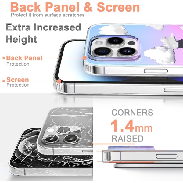 Telefon Hard Case Kompatibel med iPhone Case Slim Cystal Clear Holographic White Cloud Kvinner Jenter, Hard PC Støtsikker Beskyttende Design iPhone 14 Pro Max