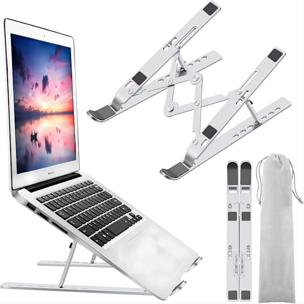 Ergonomiskt Justerbart Laptopställ för Bättre Hållning & Kylning, Vikbart & Portabelt, Passar De Flesta 10-15.6 Tums Laptops och Surfplattor, Per Silver