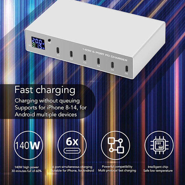 140W USB C-lader Strømadapter 6 Port PD Lader Mobiltelefon Digital Smart Hurtigladestasjon for iPhone for Android-telefon 100‑240V EU-plugg