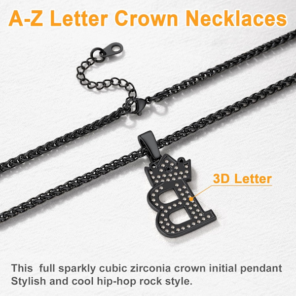 Krone Initial A-Z Halskjede, Iced Out Bokstavanheng med 22-24 Tommers Kjede, Menn Kvinner Bling Hip Hop Alfabet Navn Smykker Gave Store Initialer Halskjeder B Black