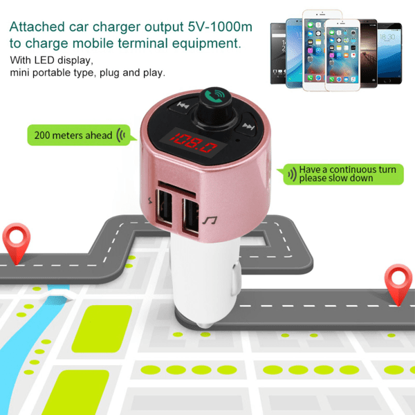 Bil trådløs Bluetooth-lydsender FM-radioadapter Dobbelt USB-oplader MP3-afspiller (Pink)