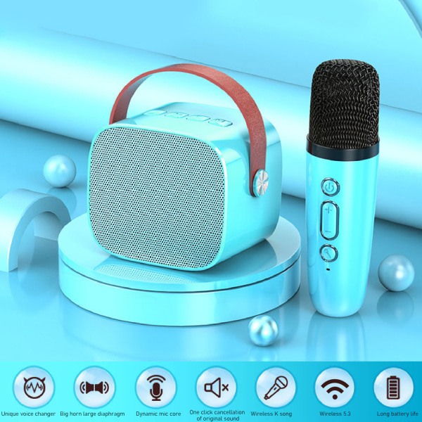 Mini Karaoke Maskin Sett Støtte Bluetooth AUX USB Minnekort Bærbar Bluetooth Høytaler med Trådløs Mikrofon Blue