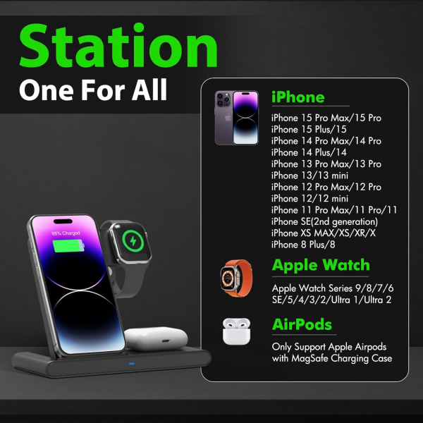 Trådlös Laddare iPhone Laddningsstation:3 i 1 Laddare Hållare Flera enheter för Apple-iPhone 15 14 Pro Max 13 12 11-iPhone Watch-Airpods 3 2 Pro.
