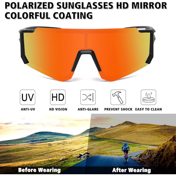 Polarisoidut urheiluaurinkolasit miehille ja naisille, ajamiseen, kalastukseen, pyöräilyyn, maastopyöräilyyn, UV400-suoja Black Frame red