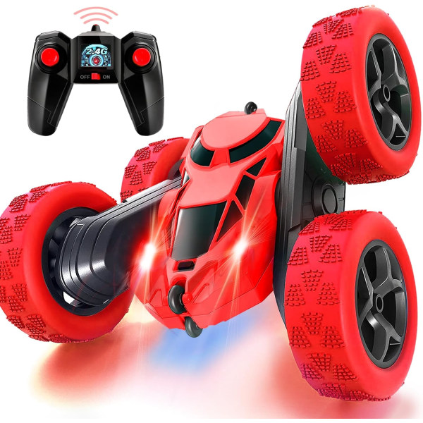 Fjernstyrt bil, 2,4 GHz dobbeltsidig 360 ° roterende fjernstyrt beltebil frontlykter, 4WD terrengdrift fjernstyrt racerbil Red