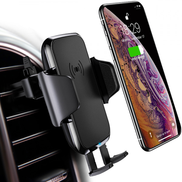 Trådløs Biloplader, 10W Hurtig Opladning Auto-fastspændings Bilholder, Vinduesbeslag Ventilations Telefonholder - (Sort) (En Styk)