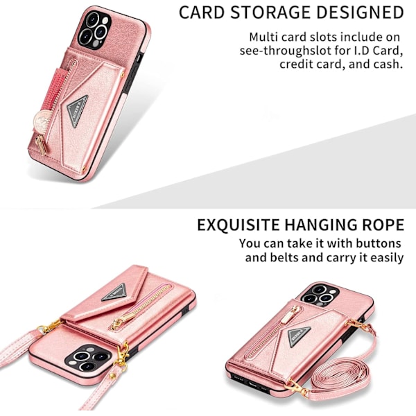 Wallet Crossbody for iPhone 12 Deksel med Lanyard Stropp Kredittkort Holder, PU Lær Beskyttende Håndveske Glidelås Lommebok Kickstan
