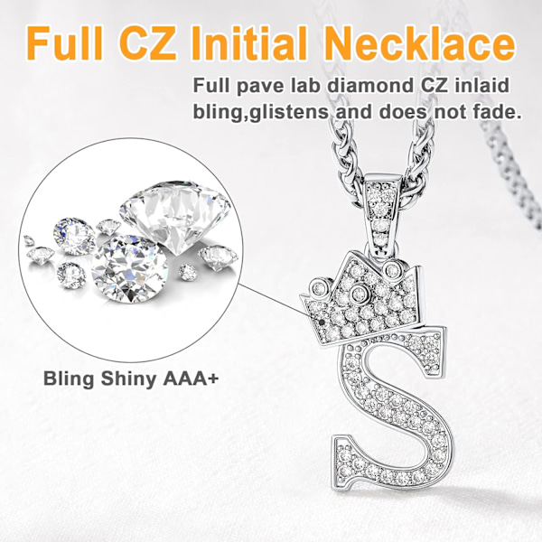 Krone Initial A-Z Halskjede, Iced Out Bokstavanheng med 22-24 Tommers Kjede, Menn Kvinner Bling Hip Hop Alfabet Navn Smykker Gave Store Initialer Halskjeder S Silver
