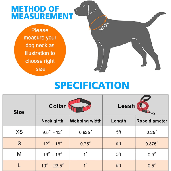 Reflekterende Hundehalsbånd Polstret med Blød Neopren Åndbar Justerbar Nylon Hundehalsbånd til Små Mellemstore Store Hunde (X-Small (Pakke med 1), Rød Halsbånd+ Red Collar+Leash XS