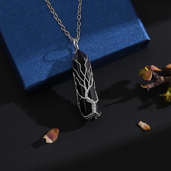 Läkande kristallhalsband Livets träd Tråd lindad natursten Punkt Hänge Halsband Hexagonal Reiki Spirituell Kvarts Ädelsten Smycken för kvinnor M Black Agate Silver
