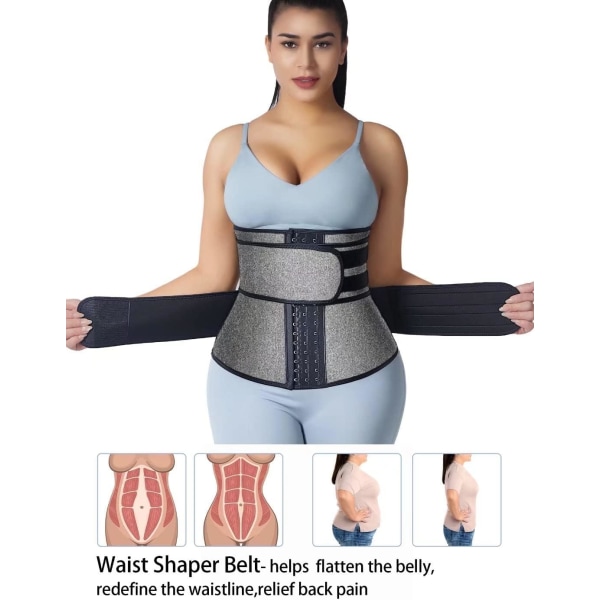 Neopren Taljetræner til Kvinder Slankning Body Shaper Talje Trimmer Cincher Svedbælte Gray Double Belt With Hook M