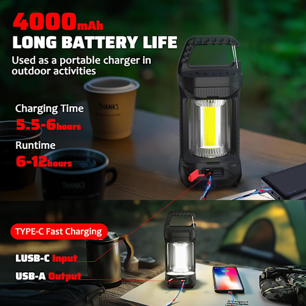 2000LM Ladattavat LED-retkeilylyhdyt - 3 tilaa, vedenpitävät ja kannettavat hätätilanteisiin Midnight Black