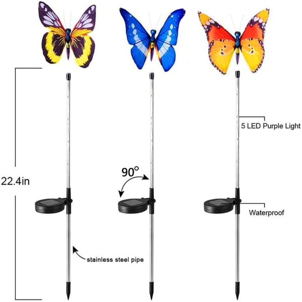 Hagesolcellelamper, 3 roms sollamper med skiftende flerfarget LED-sommerfugl, dekorativ smug